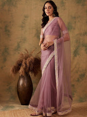 Mauve Zari Embroidered and Sequinned Net Saree - Inddus.com