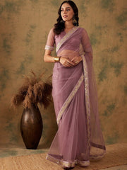 Mauve Zari Embroidered and Sequinned Net Saree - Inddus.com