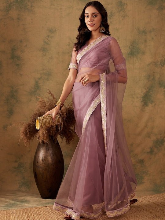 Mauve Zari Embroidered and Sequinned Net Saree