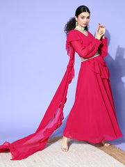 Megenta Pink Gown with Draped Ruffled Dupatta and Belt - Inddus.com