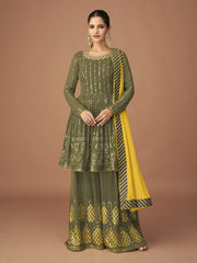 Mehndi Green Georgette Designer Sharara Suit - Inddus.com