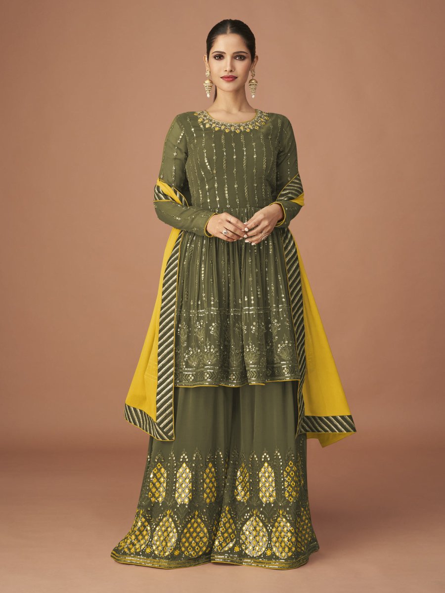 Mehndi Green Georgette Designer Sharara Suit - Inddus.com
