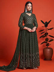 Mehndi Green Georgette Partywear Anarkali Style Suit - Inddus.com