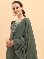 Mehndi Green Ruffled Border Saree with Embroidered Blouse - inddus-us