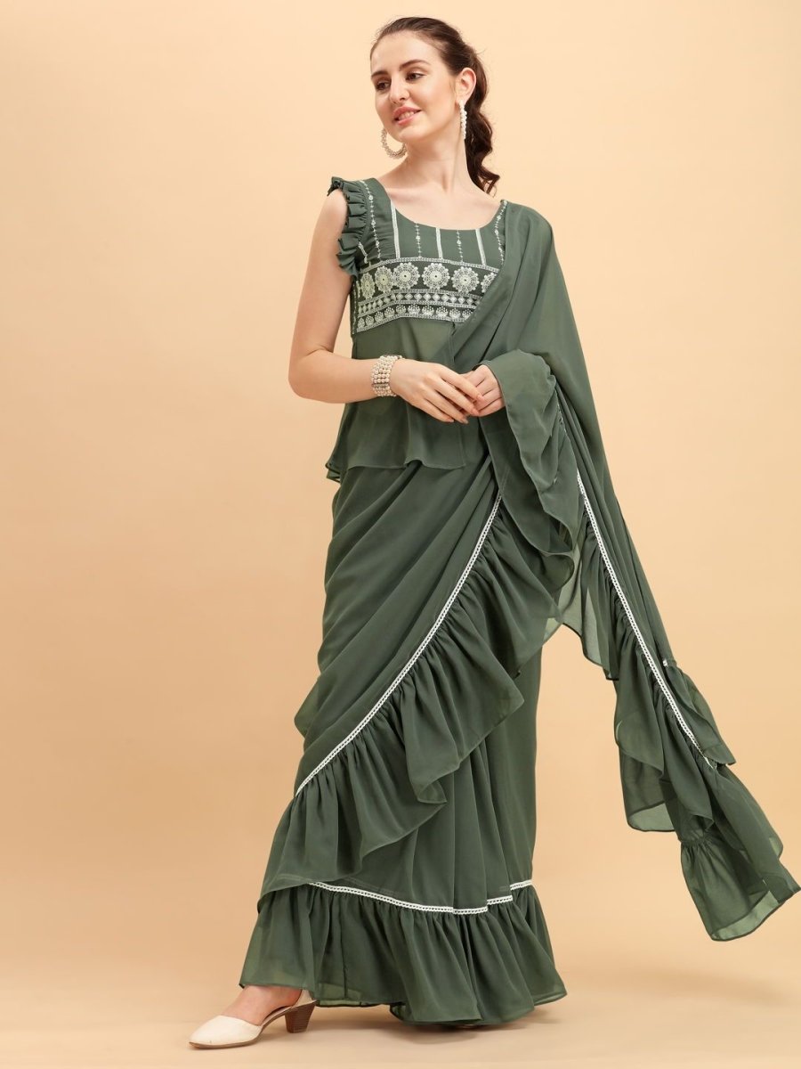 Mehndi Green Ruffled Border Saree with Embroidered Blouse - inddus-us