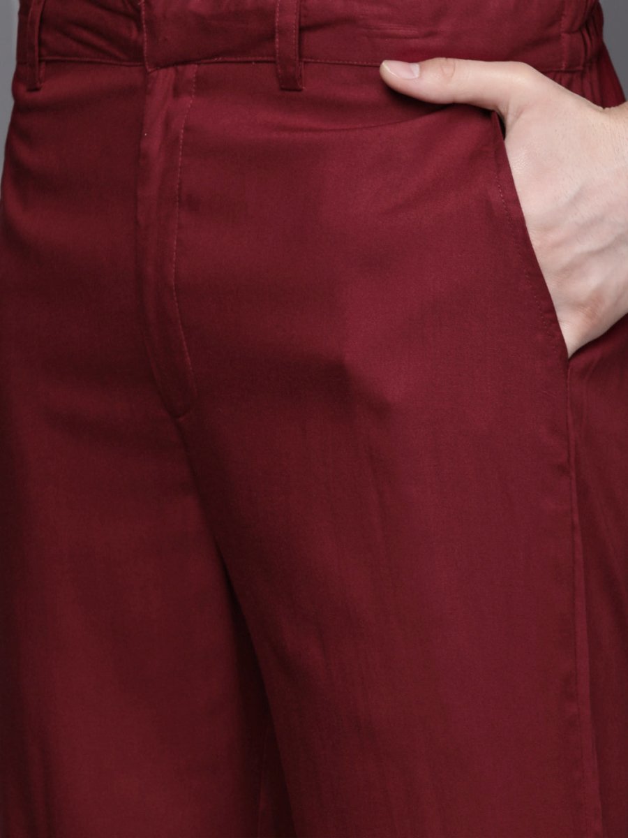 Men Maroon Ethnic Motifs Embroidered Chikankari Kurta with Trousers - Inddus.com