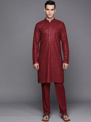 Men Maroon Ethnic Motifs Embroidered Chikankari Kurta with Trousers - Inddus.com