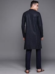 Men Navy Blue Ethnic Motifs Embroidered Chikankari Kurta with Trousers - Inddus.com