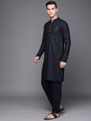 Men Navy Blue Ethnic Motifs Embroidered Chikankari Kurta with Trousers - Inddus.com