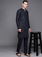 Men Navy Blue Ethnic Motifs Embroidered Chikankari Kurta with Trousers - Inddus.com