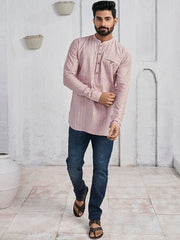 Men Striped Mandarin Collar Straight Regular Cotton Short Kurta - Inddus.com