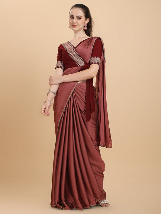 Metallic Pink Embroidered Silk Blend Saree - Inddus.com