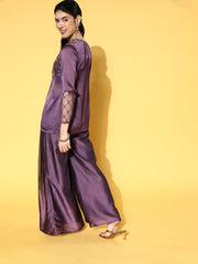 Metallic Purple Solid Top & Palazzo with Embroidered Net Jacket - Inddus.com