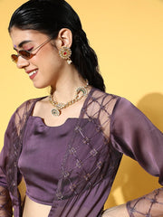Metallic Purple Solid Top & Palazzo with Embroidered Net Jacket - Inddus.com