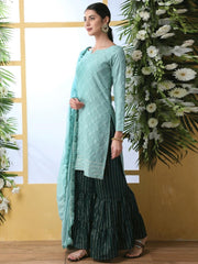 Mint Green Cotton Traditional Embroidered Gharara - inddus-us