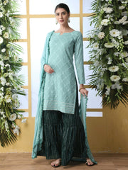 Mint Green Cotton Traditional Embroidered Gharara - inddus-us