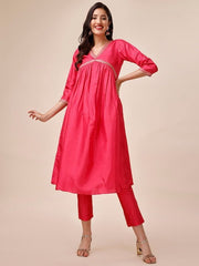 Mukaish Embroidered Yoke Design A-Line Kurta With Trousers - Inddus.com