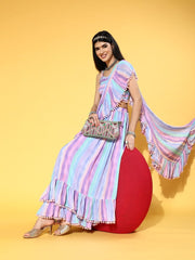 Multi color Lehenga Saree with Blouse Piece - Inddus.com