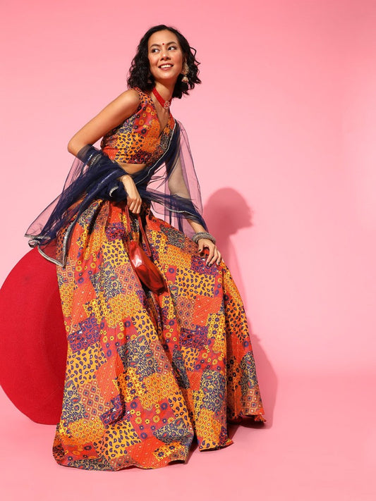 Multi Colour Woven Lehenga with Dupatta and Blouse - Inddus.com