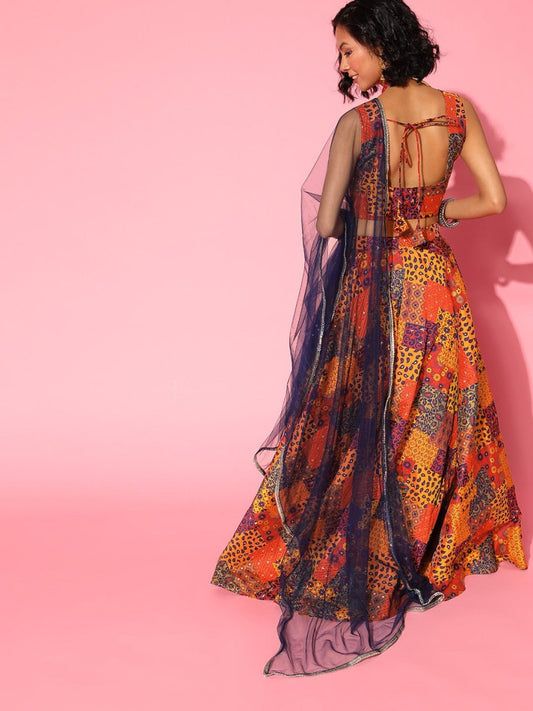 Multi Colour Woven Lehenga with Dupatta and Blouse - Inddus.com