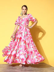 Multicoloured Satin Maxi Dress - Inddus.com