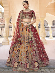 Mustard and Maroon Velvet Embroidered Lehenga Choli - Inddus.com