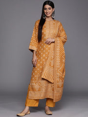 Mustard & Beige Printed Woven Pashmina Winter Wear Unstitched Dress Material - Inddus.com
