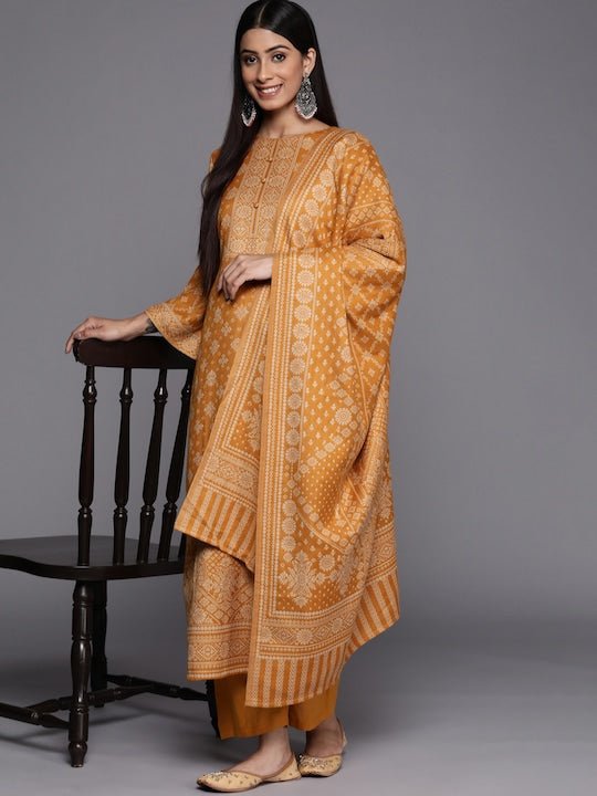 Mustard & Beige Printed Woven Pashmina Winter Wear Unstitched Dress Material - Inddus.com