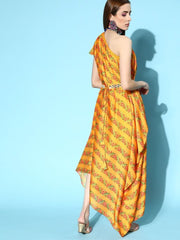 Mustard Digital Print Gown with Embellished Belt - Inddus.com