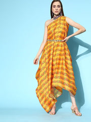 Mustard Digital Print Gown with Embellished Belt - Inddus.com