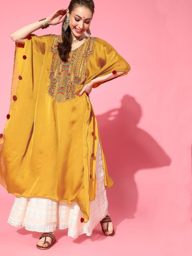 Buy Pristine Mustard Satin Ethnic Motifs Partywear Kurta