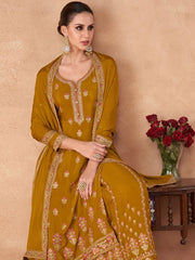 Mustard Embroidered Partywear Palazzo Suit - Inddus.com