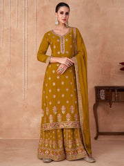 Mustard Embroidered Partywear Palazzo Suit - Inddus.com
