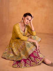 Mustard Embroidered Partywear Palazzo-Suit - Inddus.com