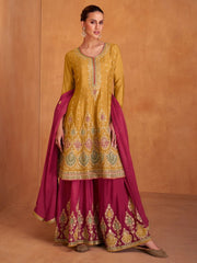 Mustard Embroidered Partywear Palazzo-Suit - Inddus.com
