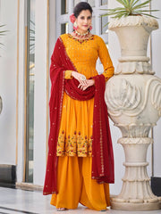 Mustard Embroidered Partywear Sharara-Style-Suit - Inddus.com