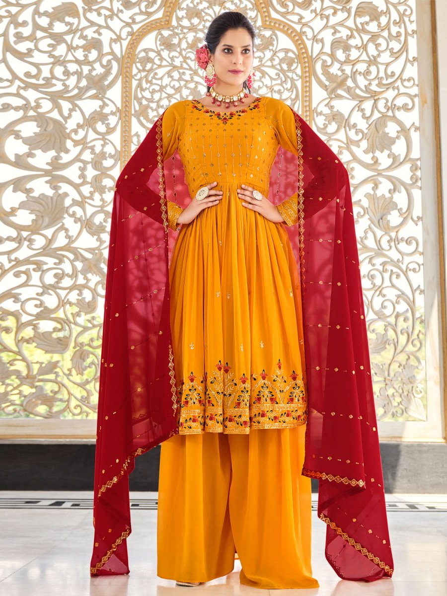 Mustard Embroidered Partywear Sharara-Style-Suit - Inddus.com