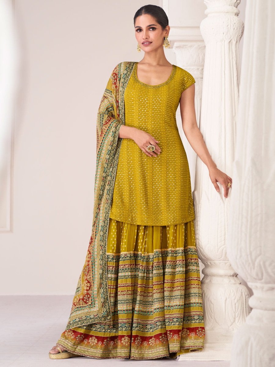Mustard Embroidered Partywear Sharara-Suit - Inddus.com