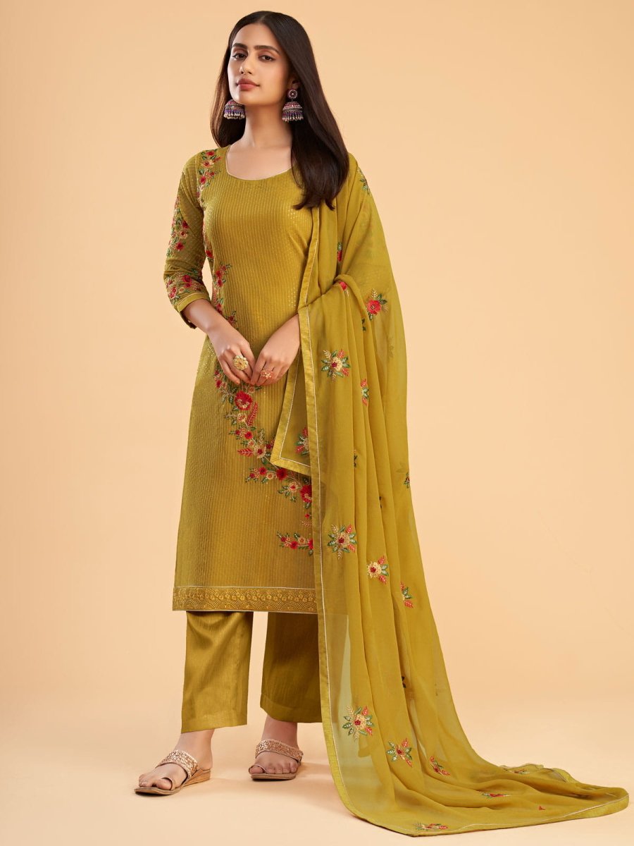Mustard Embroidered Partywear Straight-Cut-Suit - Inddus.com