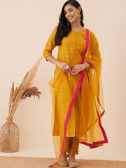 Mustard Ethnic Motif Woven Design Straight Kurta & Trousers With Dupatta - Inddus.com