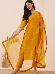 Mustard Ethnic Motif Woven Design Straight Kurta & Trousers With Dupatta - Inddus.com