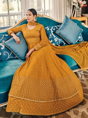 Mustard Georgette Designer Gown - Inddus.com