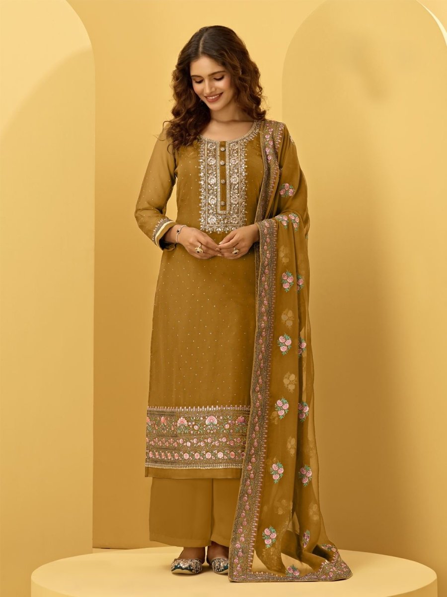 Mustard Georgette Embroidered Festive Palazzo Suit - Inddus.com