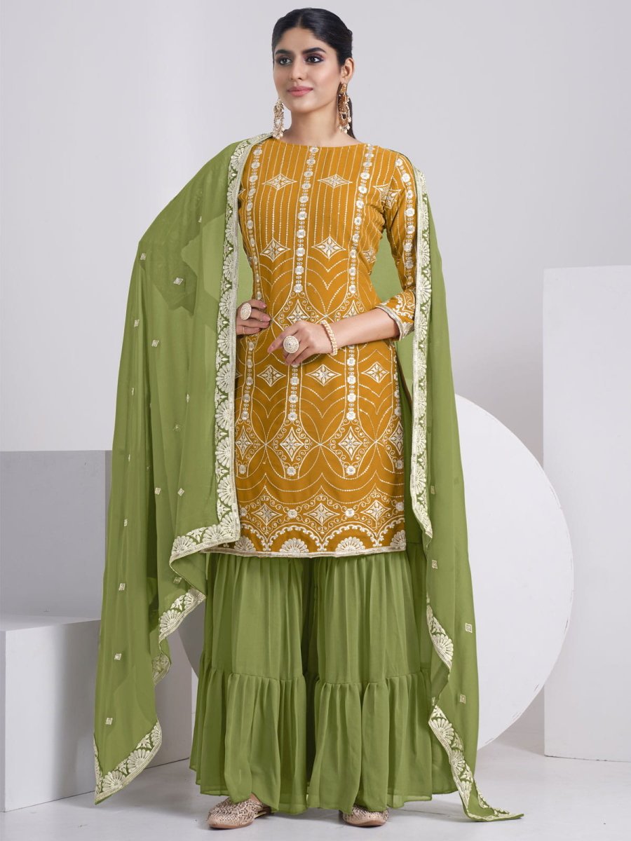 Mustard Georgette Embroidered Sharara-Style-Suit - Inddus.com