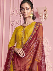 Mustard Georgette Partywear Embroidered Straight Cut Suit - inddus-us