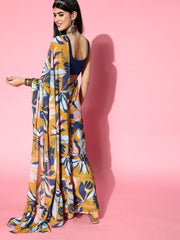 Mustard Georgette Printed Saree - Inddus.com