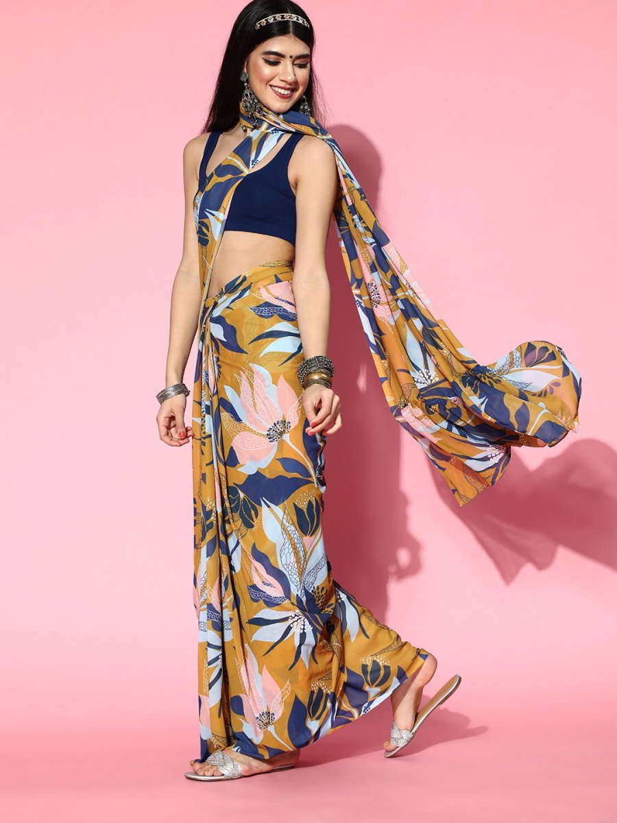 Mustard Georgette Printed Saree - Inddus.com