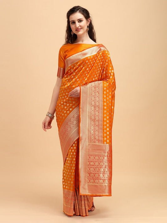 Mustard & Gold-Toned Ethnic Motifs Zari Jashn Saree - Inddus.com