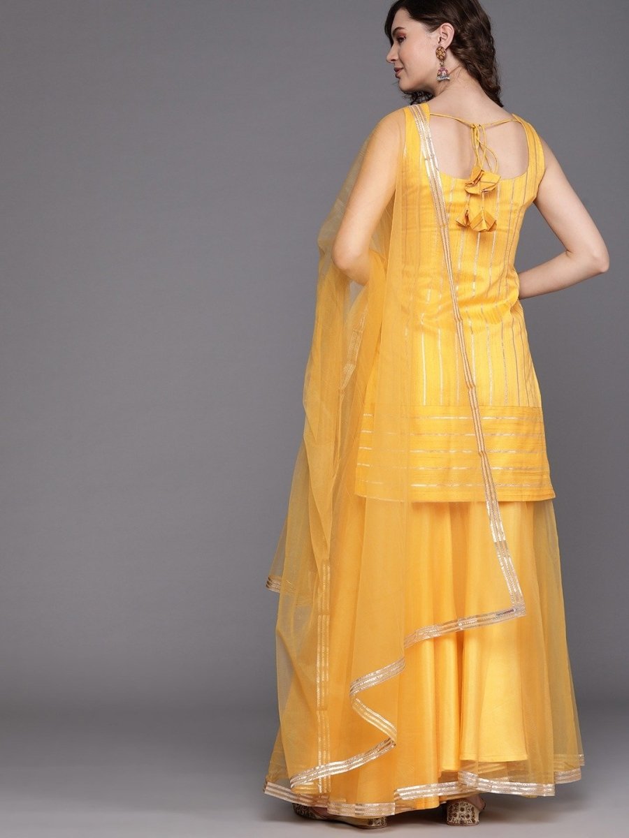 Mustard Golden Stripped Kurta with Net Sharara and Dupatta - Inddus.com
