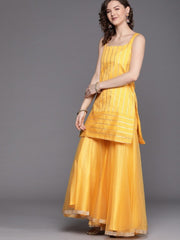 Mustard Golden Stripped Kurta with Net Sharara and Dupatta - Inddus.com